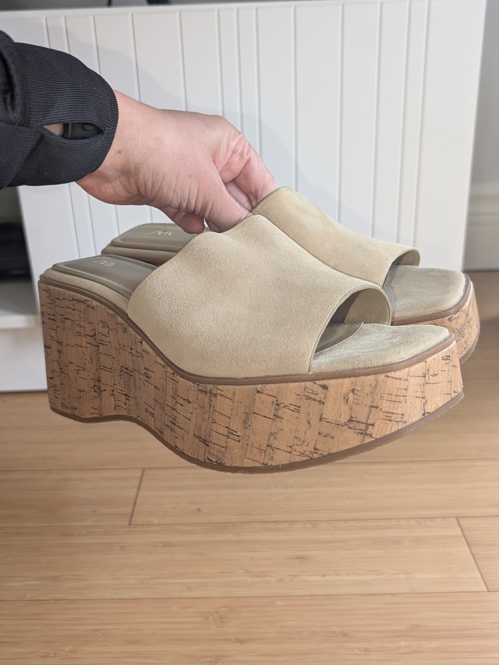 Zara Beige Suede Platform Slide Wedges - Women